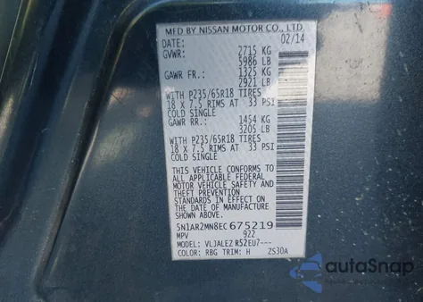 2014 Nissan Pathfinder Sv from USA, damaged, VIN 5N1AR2MN8EC675219